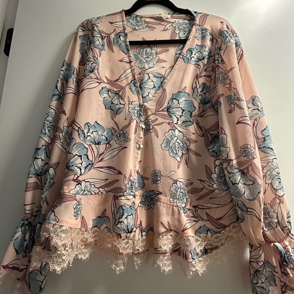 Floral Lace Trim Blouse - Pink and Blue
